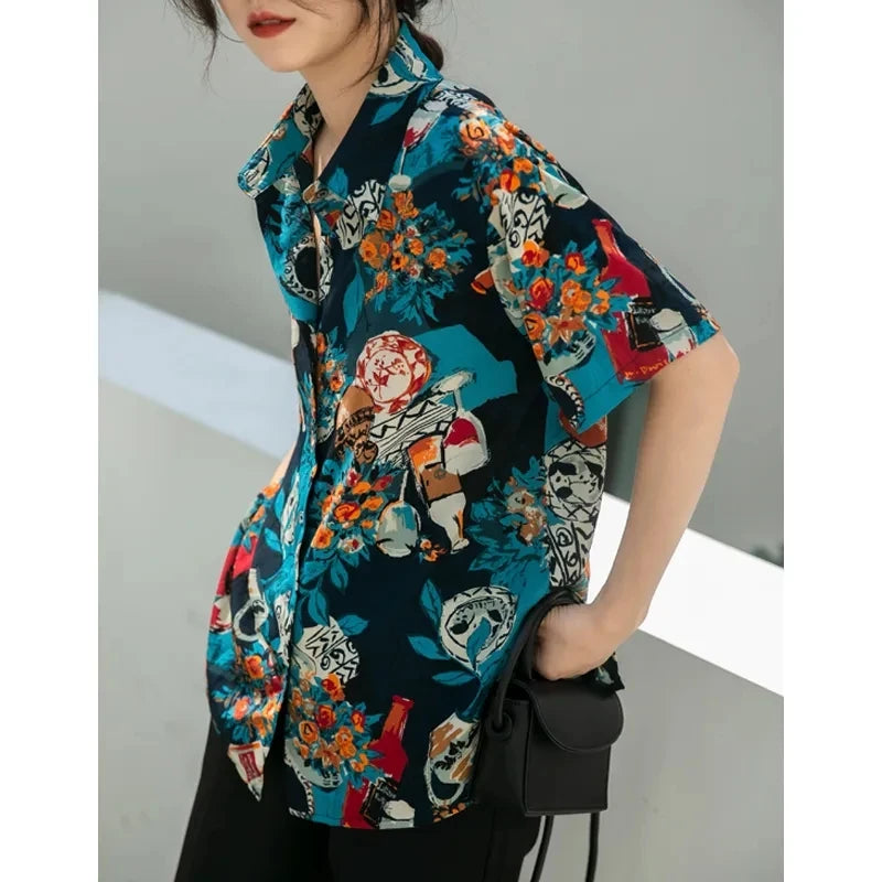 Vintage Floral Print Chiffon Blouse