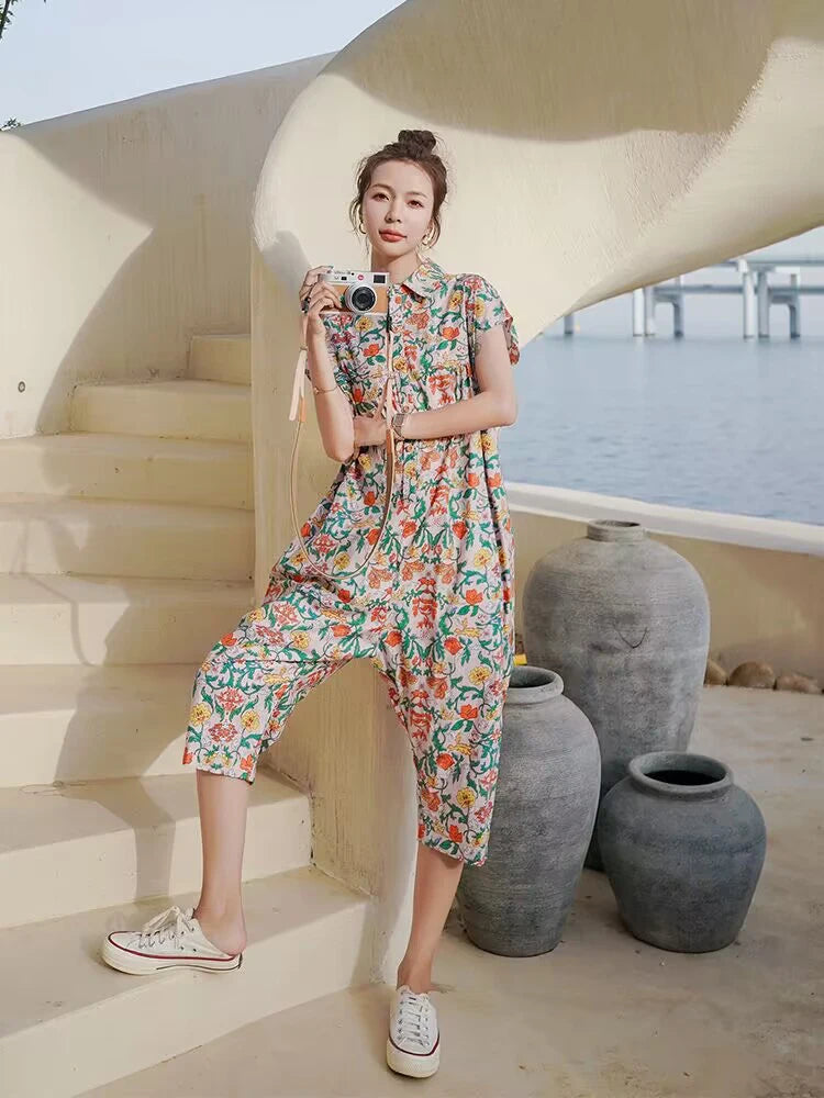 Women's Jumpsuit with Vintage Floral Print