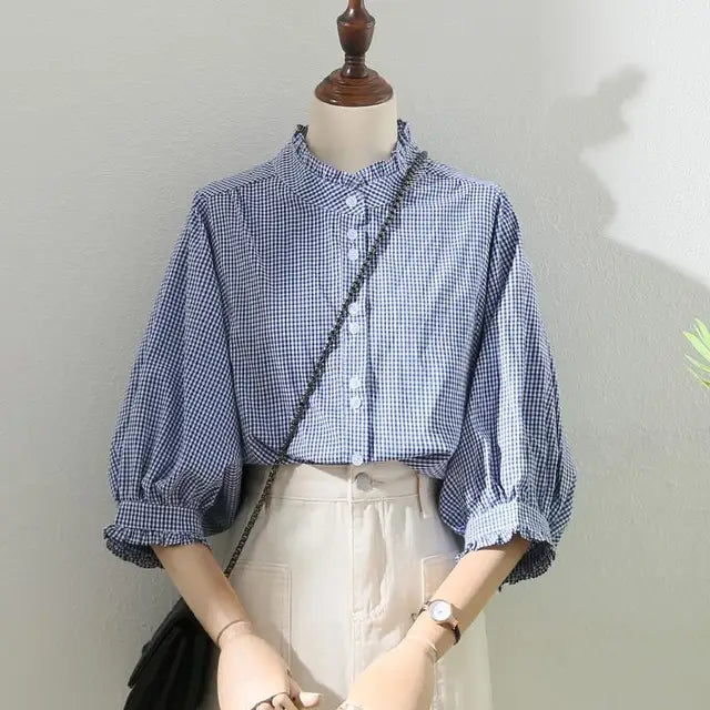 Vintage Kanten Blauw Geruit Shirt Bellissima's