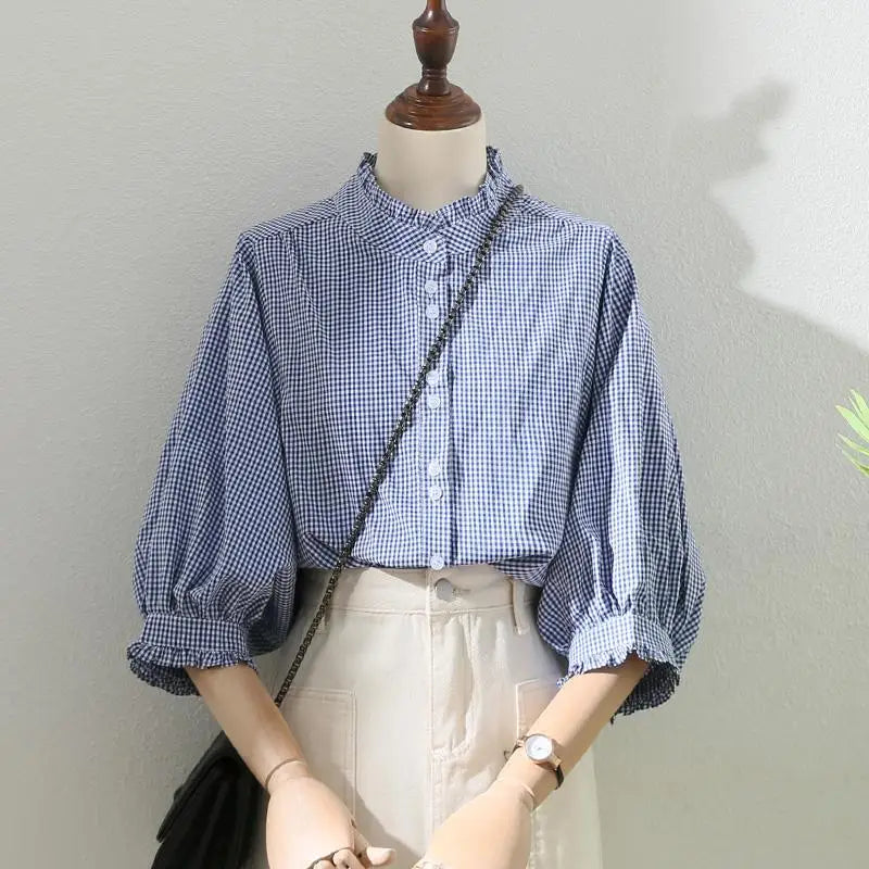 Vintage Kanten Blauw Geruit Shirt Bellissima's