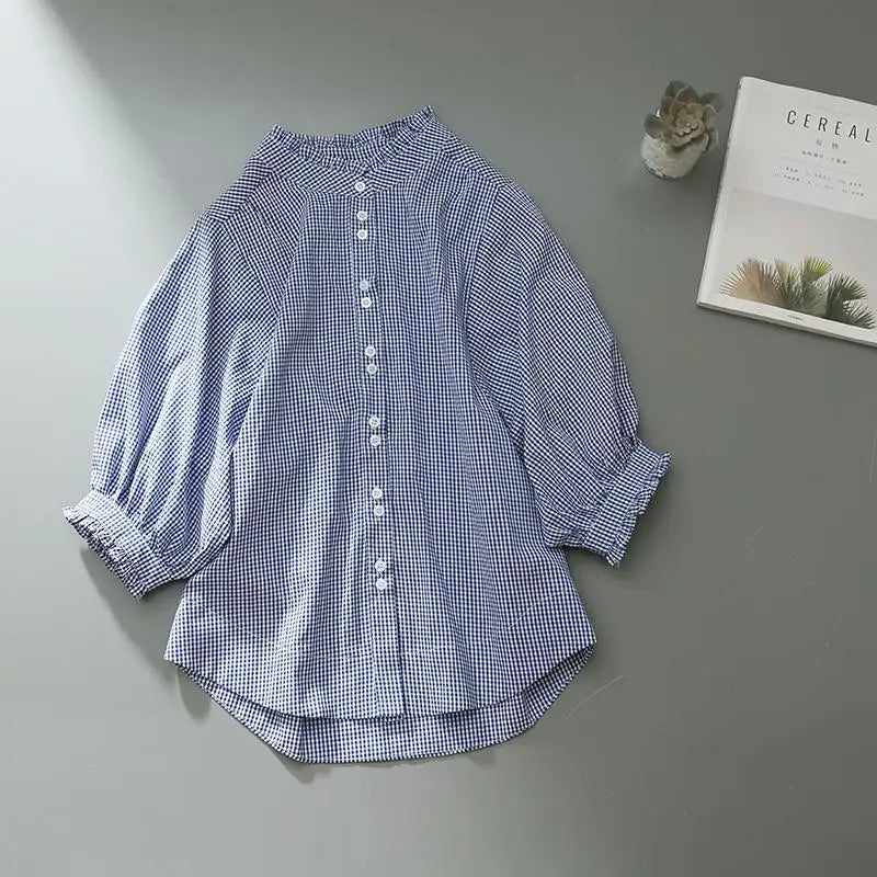 Vintage Kanten Blauw Geruit Shirt Bellissima's