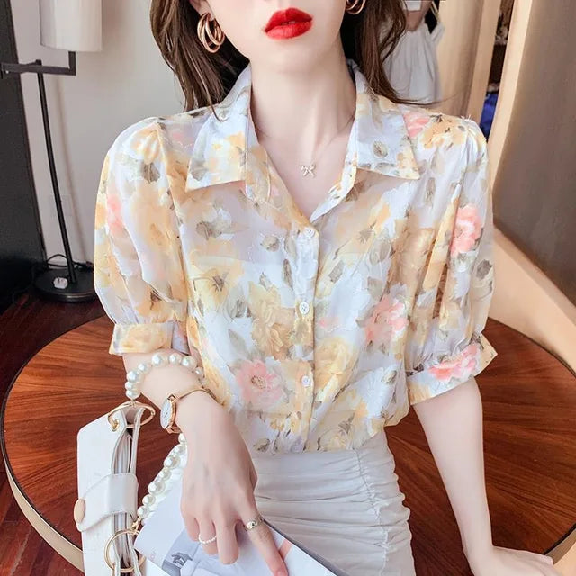 Zomerse Chiffon Blouse met Korte Mouwen
