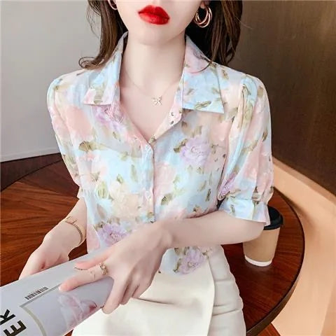 Zomerse Chiffon Blouse met Korte Mouwen