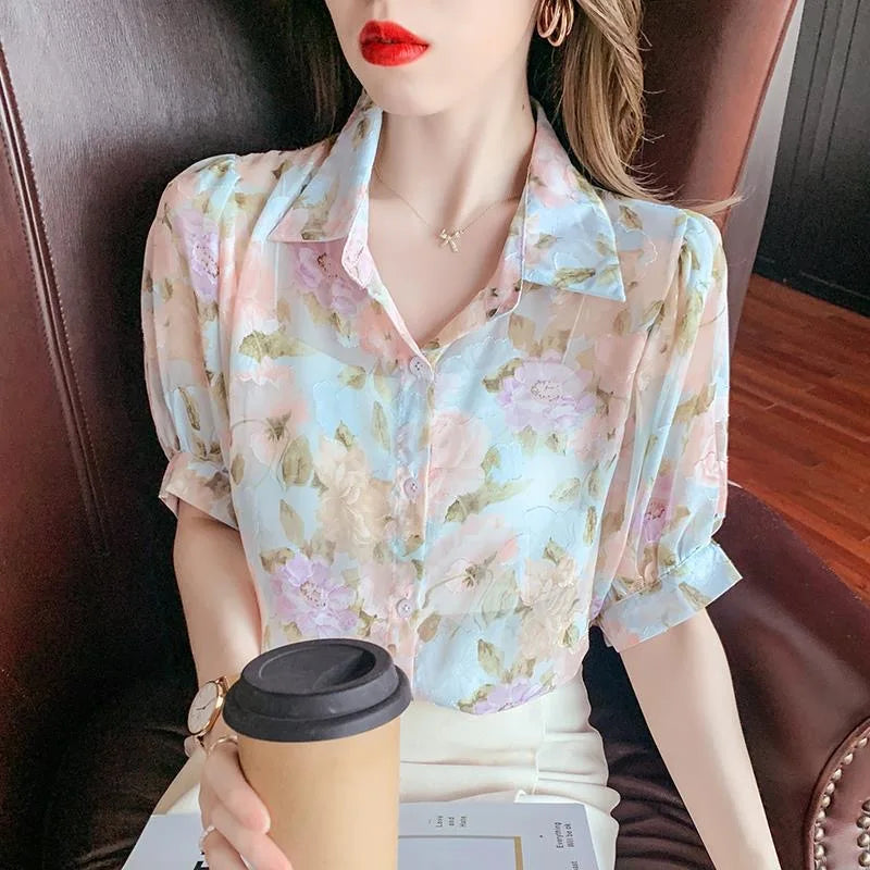 Summer Chiffon Blouse with Short Sleeves
