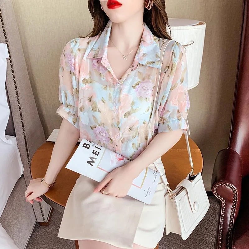 Summer Chiffon Blouse with Short Sleeves