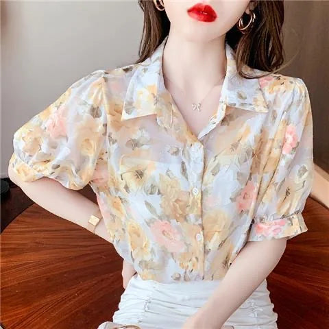 Summer Chiffon Blouse with Short Sleeves