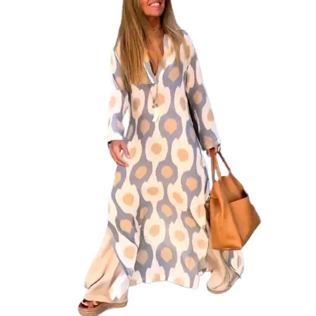 Elegante abito maxi estivo con stampa e scollo a V