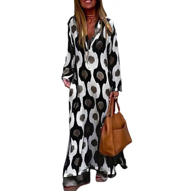 Elegante abito maxi estivo con stampa e scollo a V