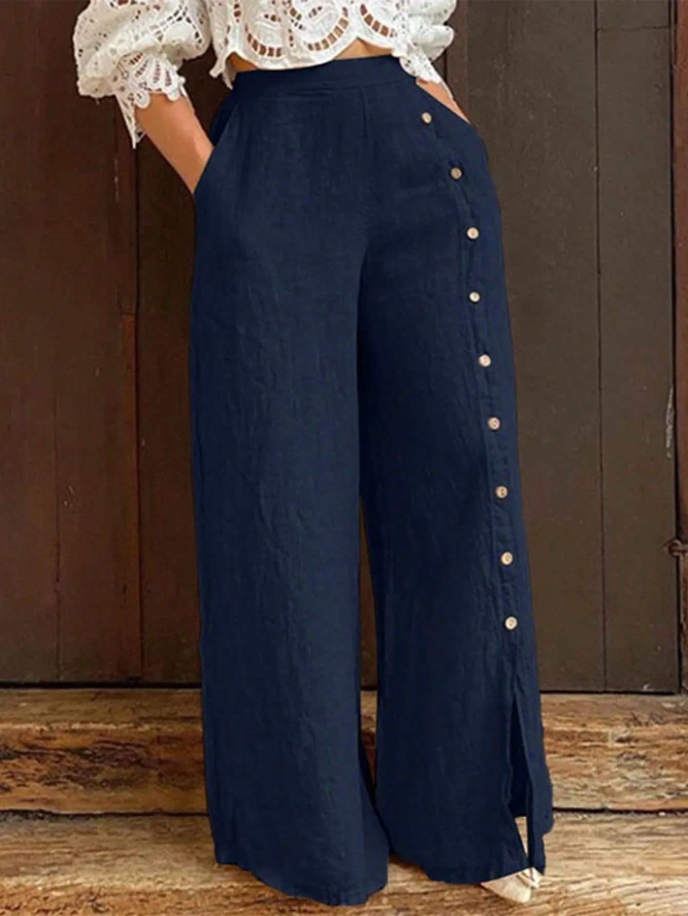 Moda donna Pantaloni a vita elastica a gamba larga