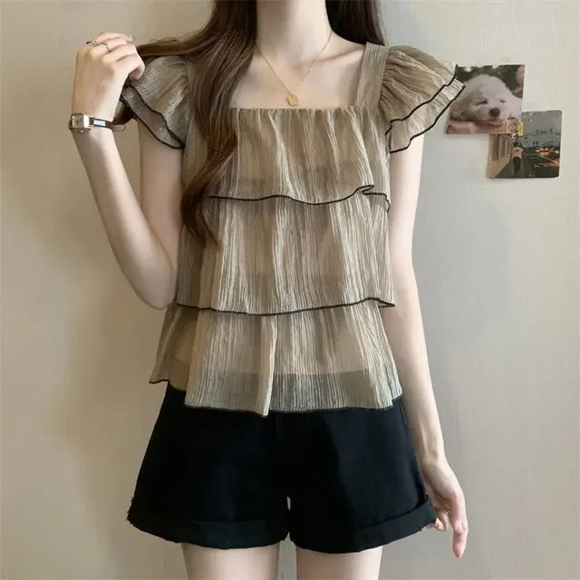 Bellissima Trendy Blusa Chic Dolce con Ruches e Colletto Quadrato