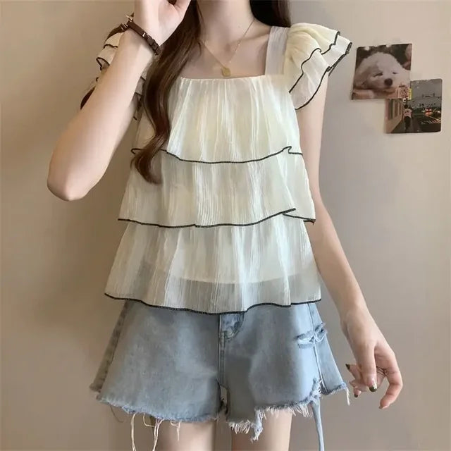 Bellissima Trendy Blusa Chic Dolce con Ruches e Colletto Quadrato