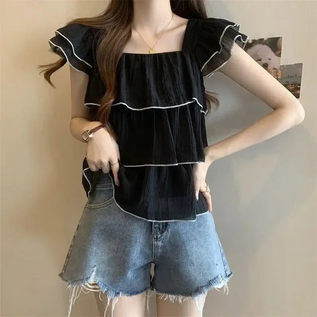 Bellissima Trendy Blusa Chic Dolce con Ruches e Colletto Quadrato