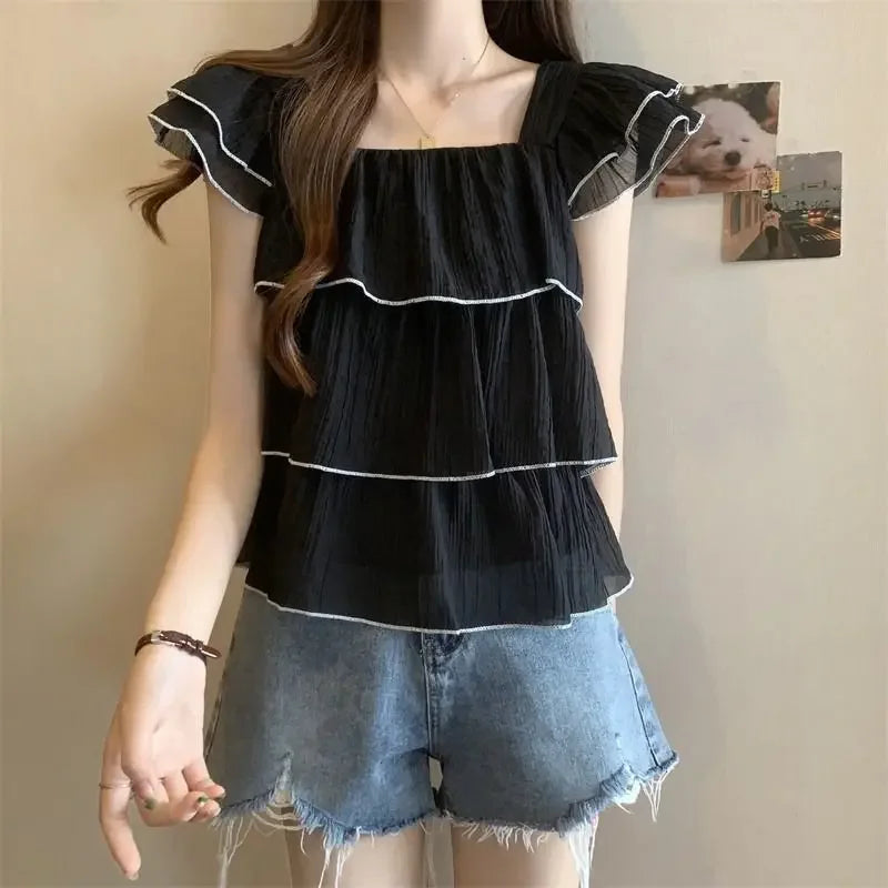 Bellissima Trendy Blusa Chic Dolce con Ruches e Colletto Quadrato