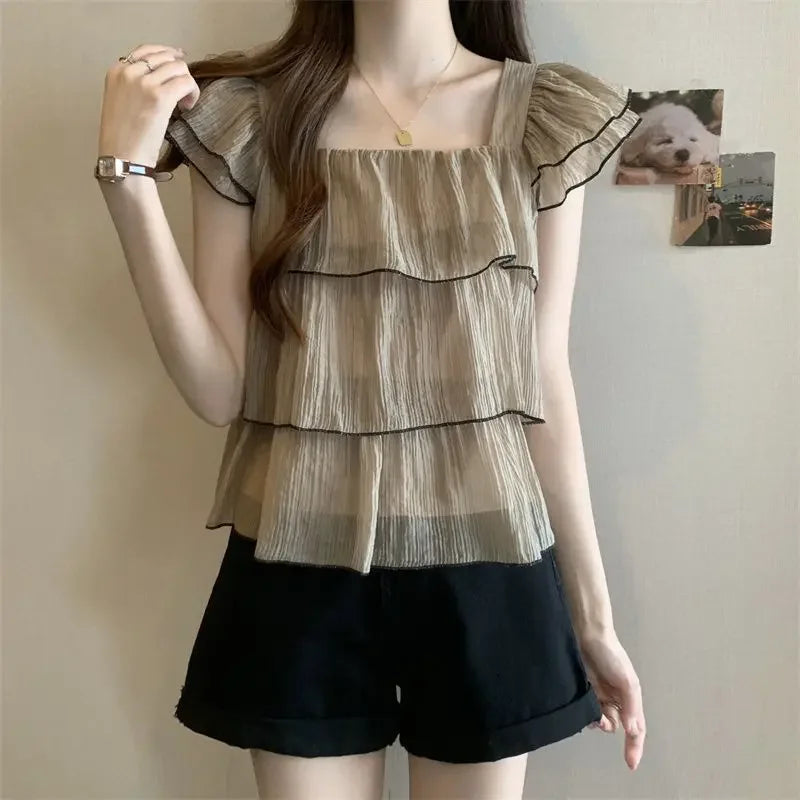Bellissima Trendy Blusa Chic Dolce con Ruches e Colletto Quadrato