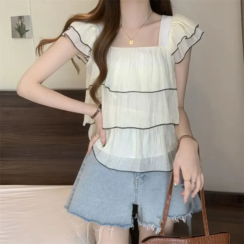 Bellissima Trendy Blusa Chic Dolce con Ruches e Colletto Quadrato