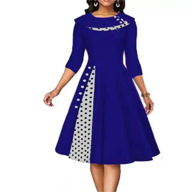 Vrouwen Vintage Polka Dot Jurk Lange Mouw Knopen Kantoor Rok Patchwork Avond Cocktail Party Taille Swing Jurk
