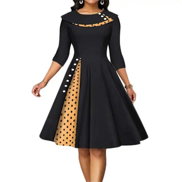 Vrouwen Vintage Polka Dot Jurk Lange Mouw Knopen Kantoor Rok Patchwork Avond Cocktail Party Taille Swing Jurk
