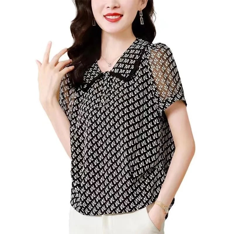 Stylish Summer Blouses - Casual Short Sleeve with Peter Pan Collar and Printed Letters