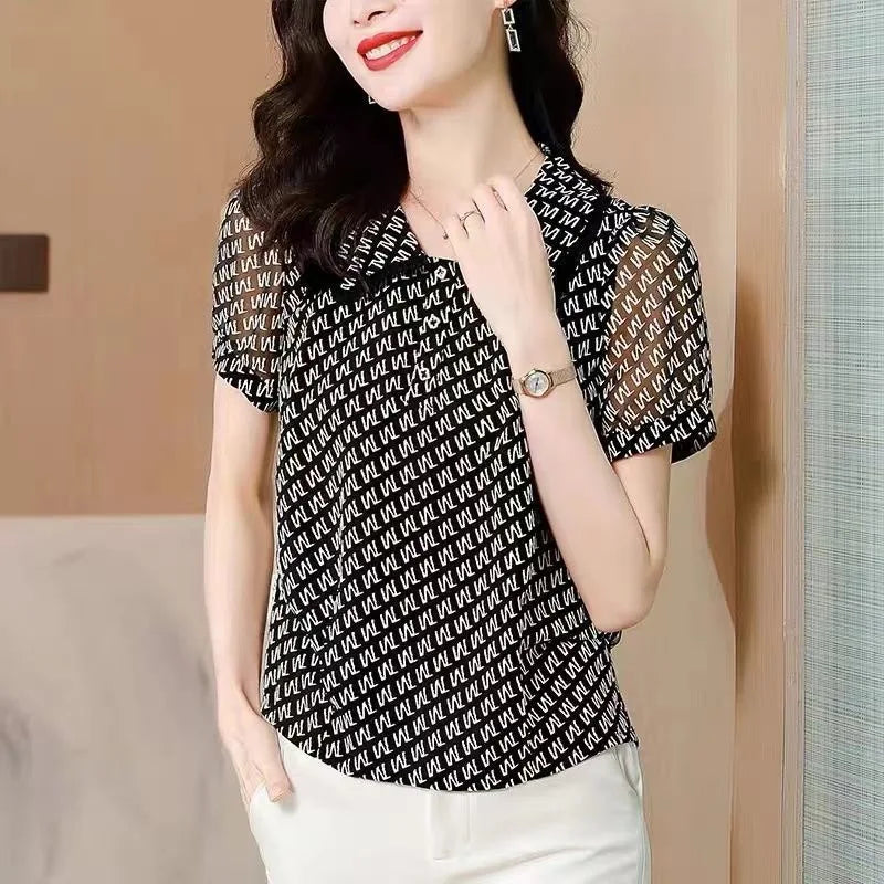 Stylish Summer Blouses - Casual Short Sleeve with Peter Pan Collar and Printed Letters