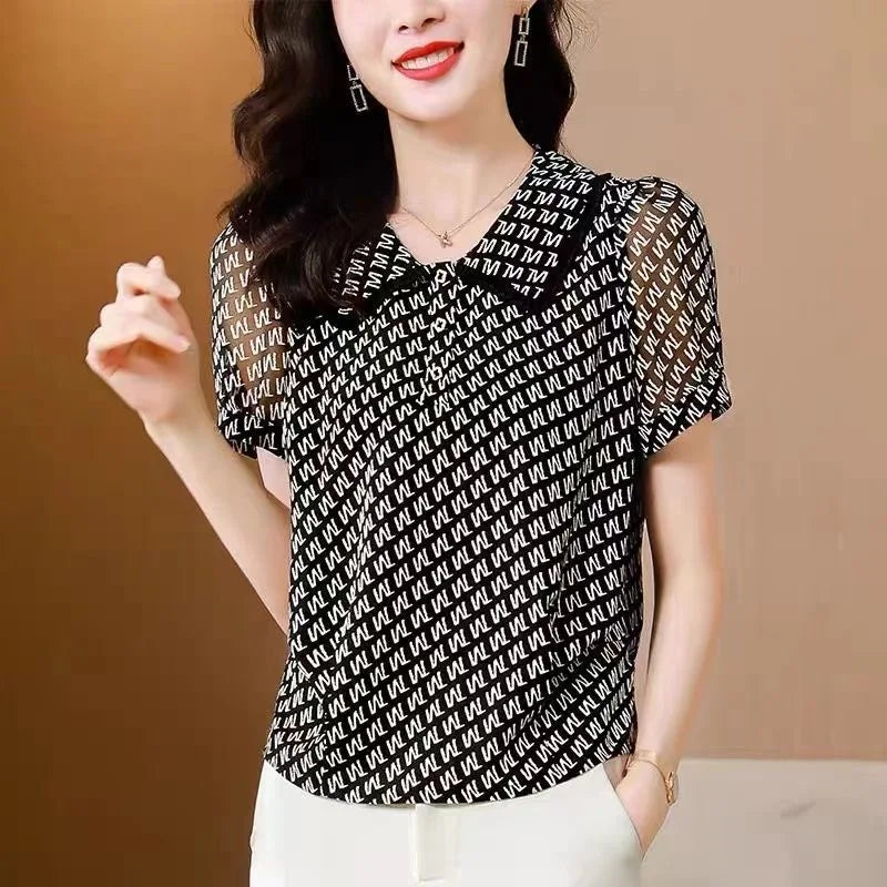 Stylish Summer Blouses - Casual Short Sleeve with Peter Pan Collar and Printed Letters
