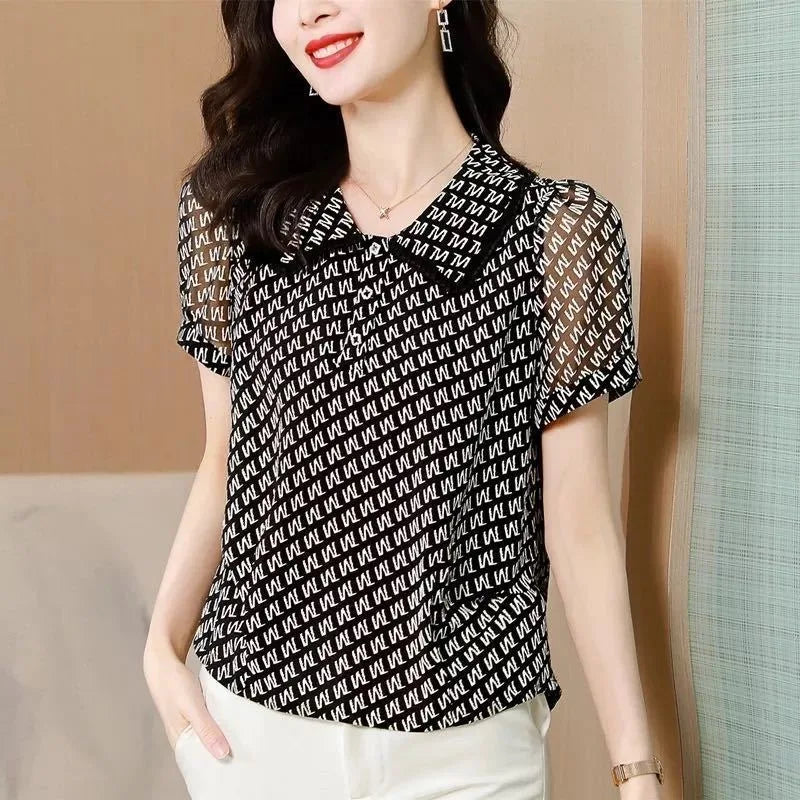 Stylish Summer Blouses - Casual Short Sleeve with Peter Pan Collar and Printed Letters