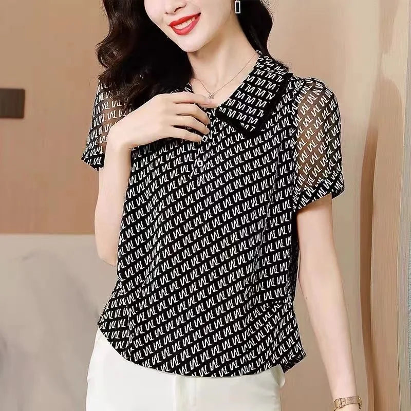 Stylish Summer Blouses - Casual Short Sleeve with Peter Pan Collar and Printed Letters