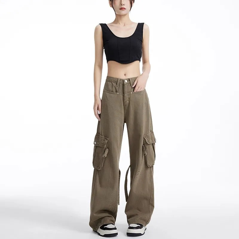 American Retro Khaki Cargo Pants for Women