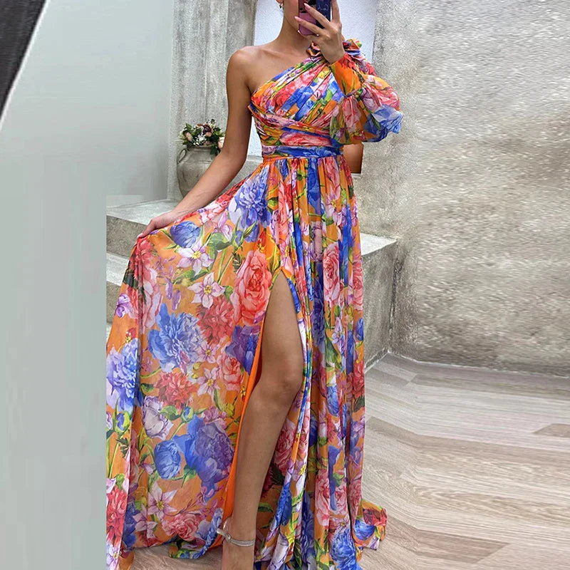 VELANORA- Elegant Maxi Dress with One Sleeve