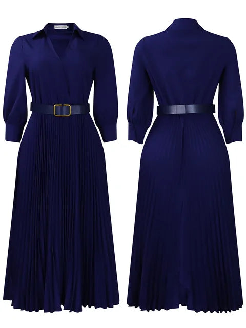 Stijlvolle V-hals Geplisseerde Maxi Jurk met Taille Riem