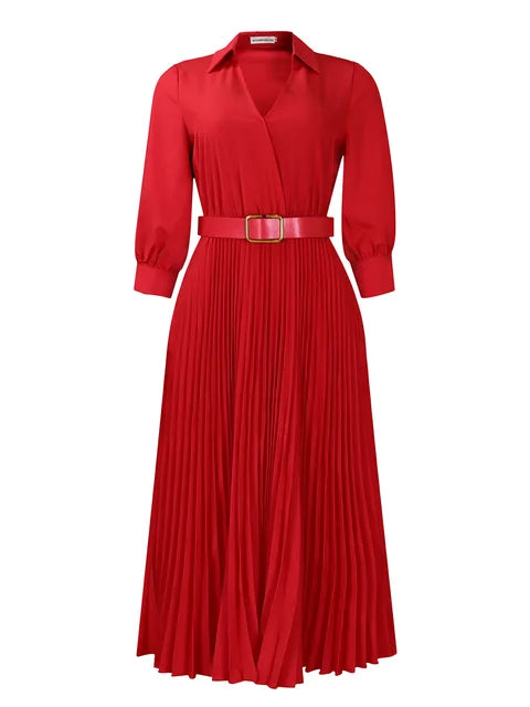 Stijlvolle V-hals Geplisseerde Maxi Jurk met Taille Riem