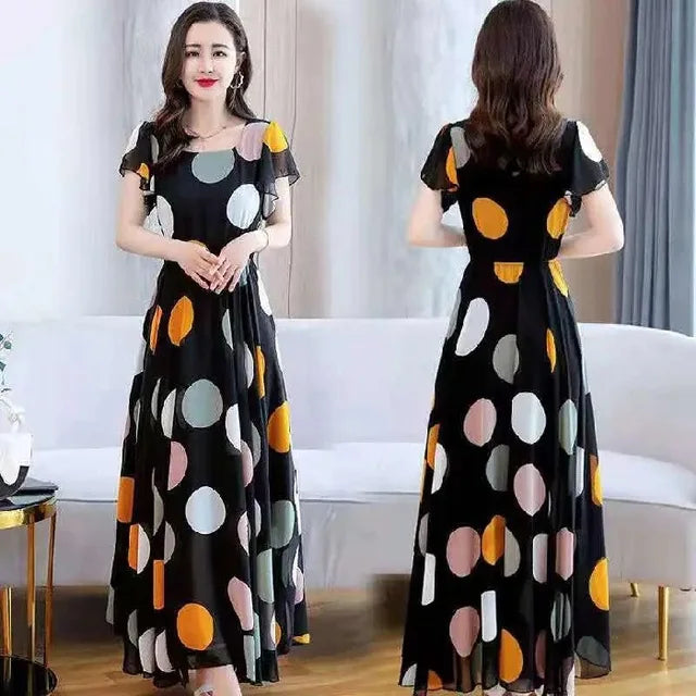 Abito lungo Boho con ruches e pois