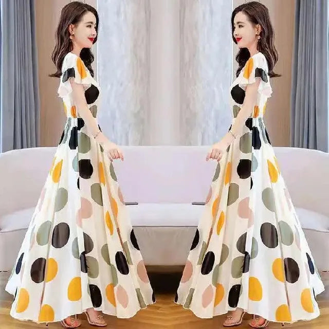 Abito lungo Boho con ruches e pois