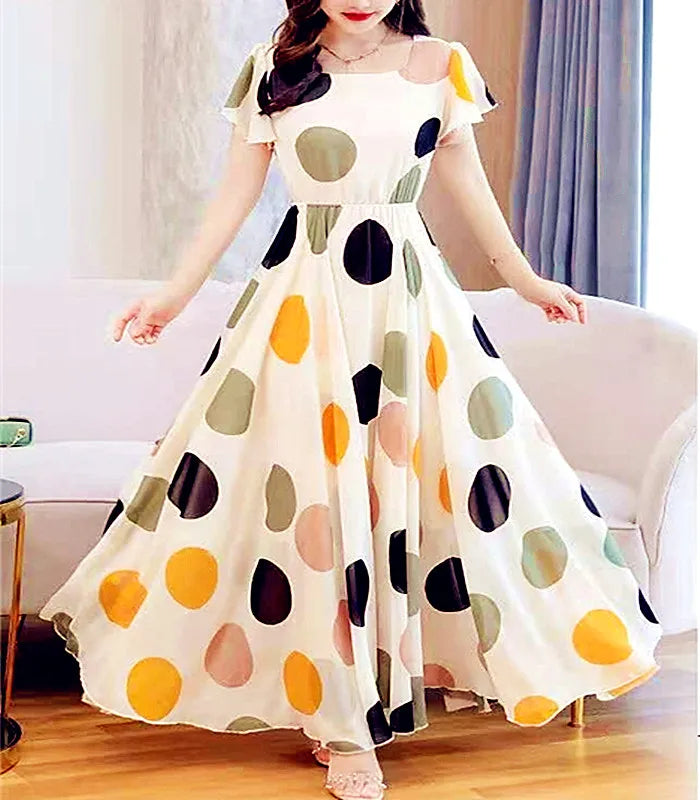 Abito lungo Boho con ruches e pois