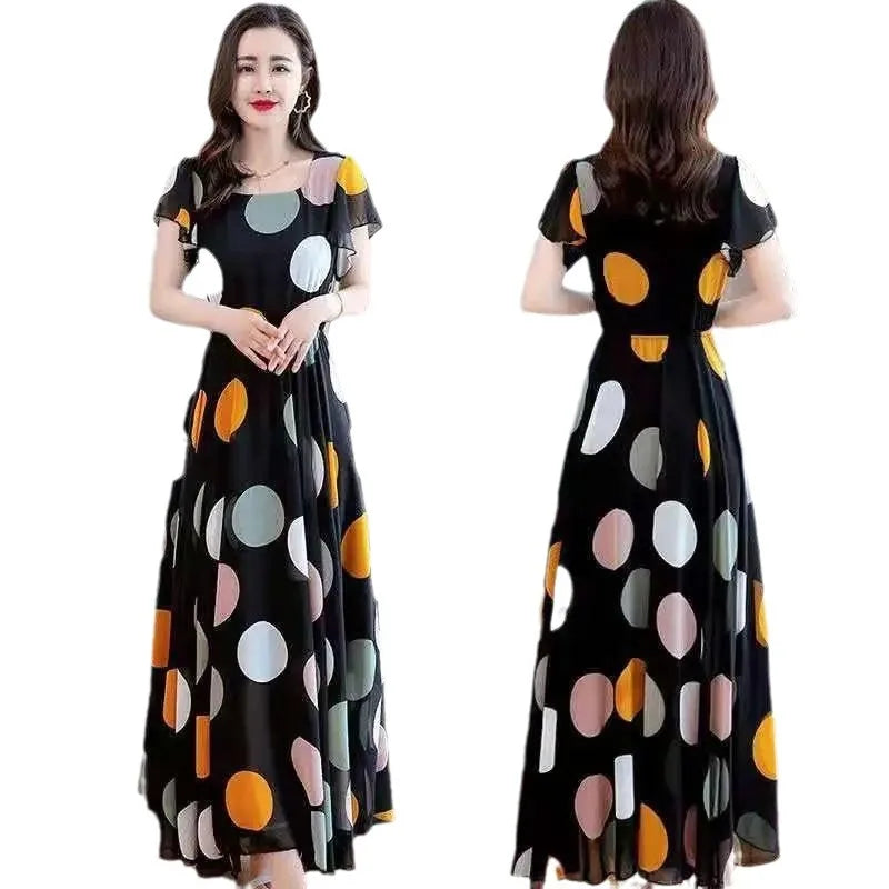 Abito lungo Boho con ruches e pois