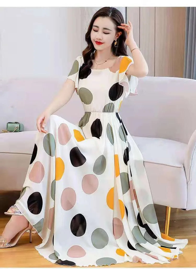 Abito lungo Boho con ruches e pois