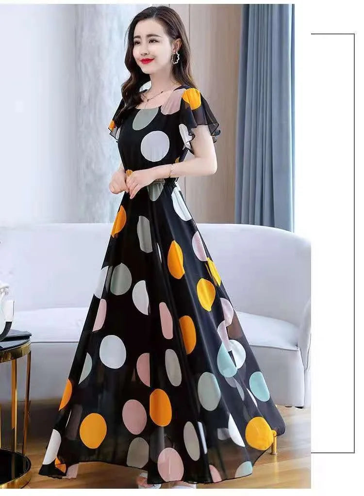 Abito lungo Boho con ruches e pois