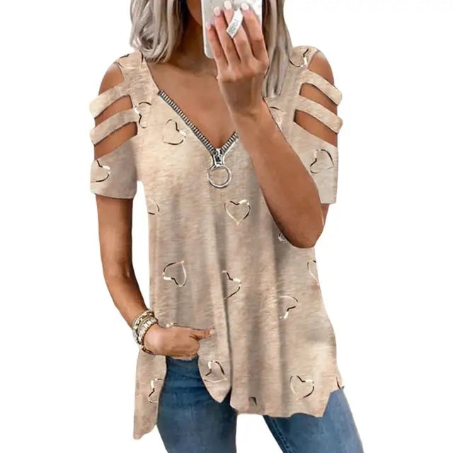 Radiant Chic T-shirt estiva da donna Bliss con scollo a V, scollo profondo, maniche corte e dettagli traforati