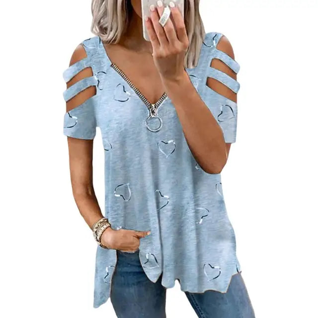 Radiant Chic T-shirt estiva da donna Bliss con scollo a V, scollo profondo, maniche corte e dettagli traforati
