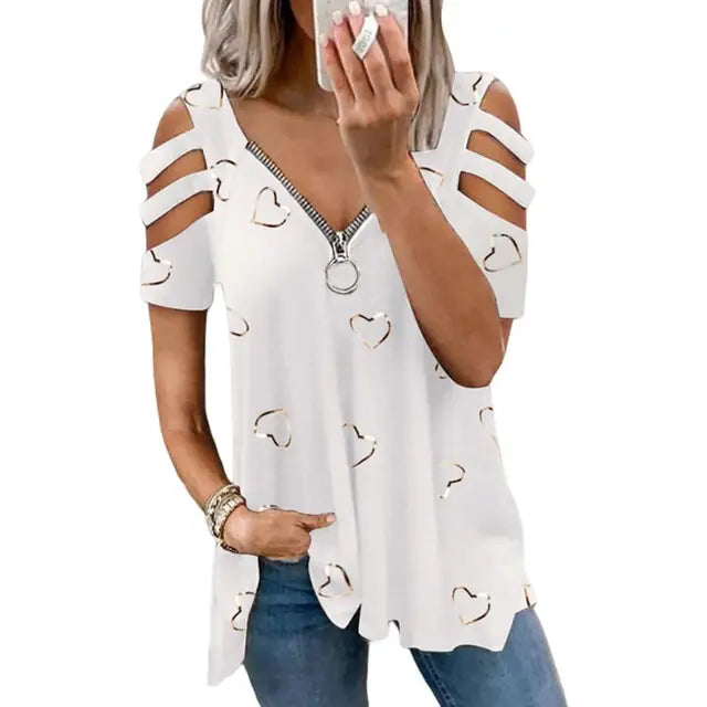 Radiant Chic T-shirt estiva da donna Bliss con scollo a V, scollo profondo, maniche corte e dettagli traforati