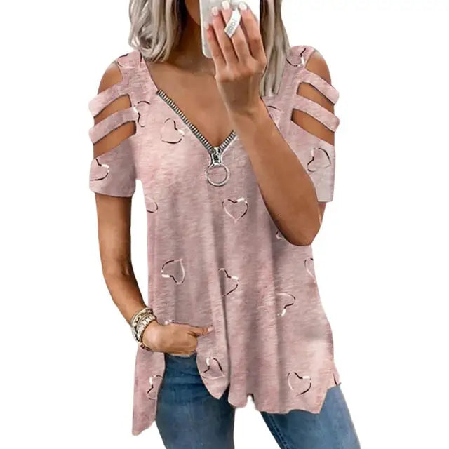 Radiant Chic T-shirt estiva da donna Bliss con scollo a V, scollo profondo, maniche corte e dettagli traforati