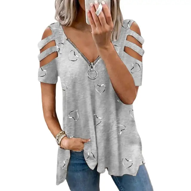Radiant Chic T-shirt estiva da donna Bliss con scollo a V, scollo profondo, maniche corte e dettagli traforati