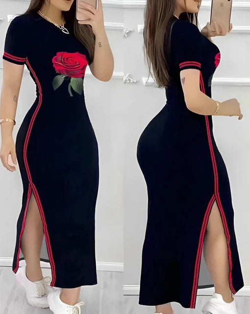 Striped Summer Maxi Dress with High Split