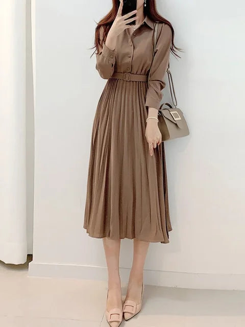Fresh Blossom Women's Clothing Spring Elegant Long Sleeve Single-Breasted High Waist Dress
