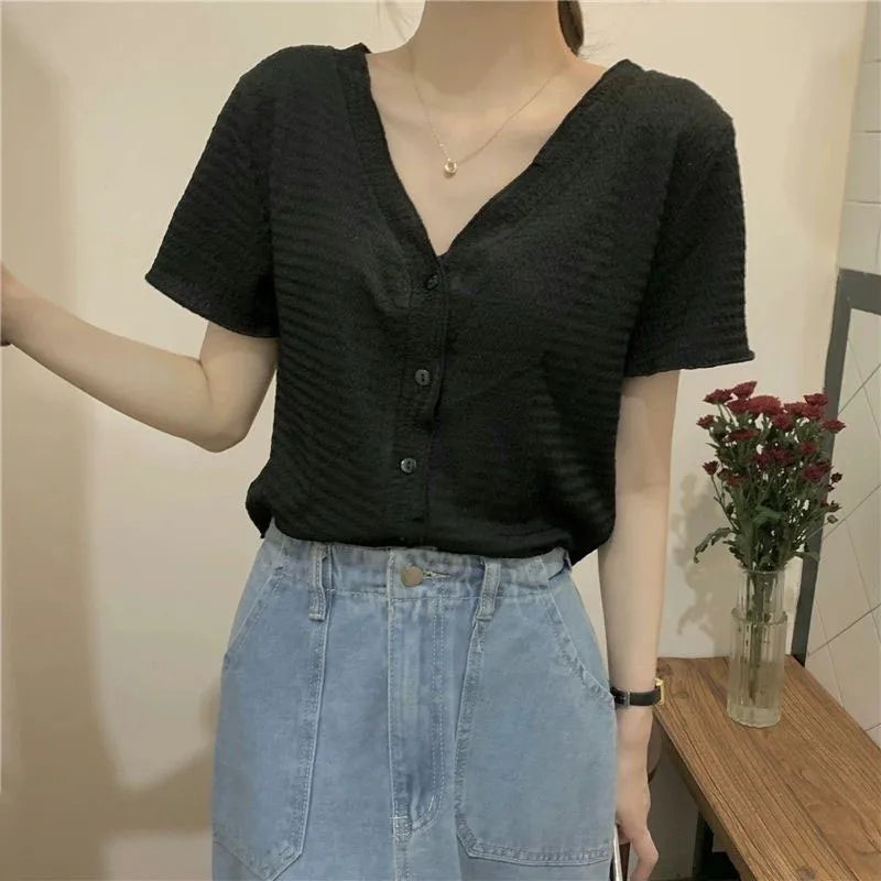 Sunniara Camicia Estiva con Bottoni e Scollo a V