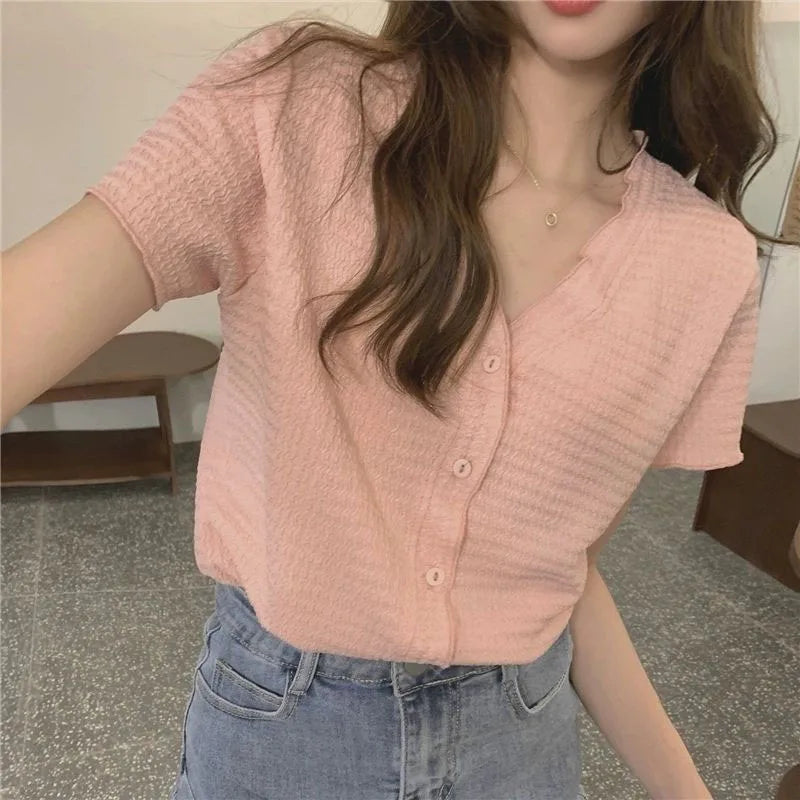 Sunniara Camicia Estiva con Bottoni e Scollo a V