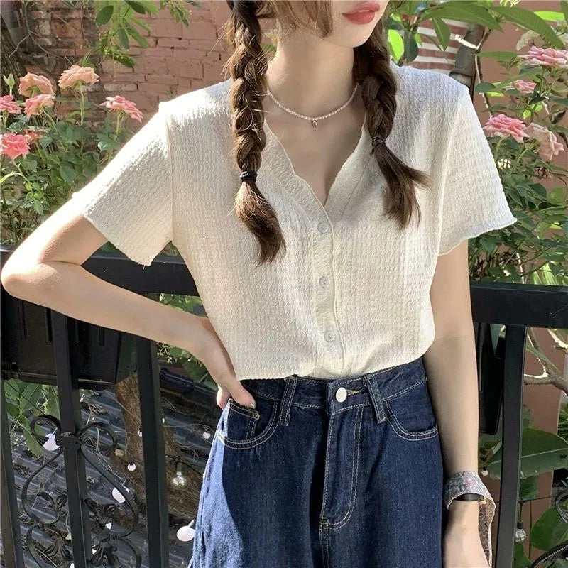 Sunniara Camicia Estiva con Bottoni e Scollo a V