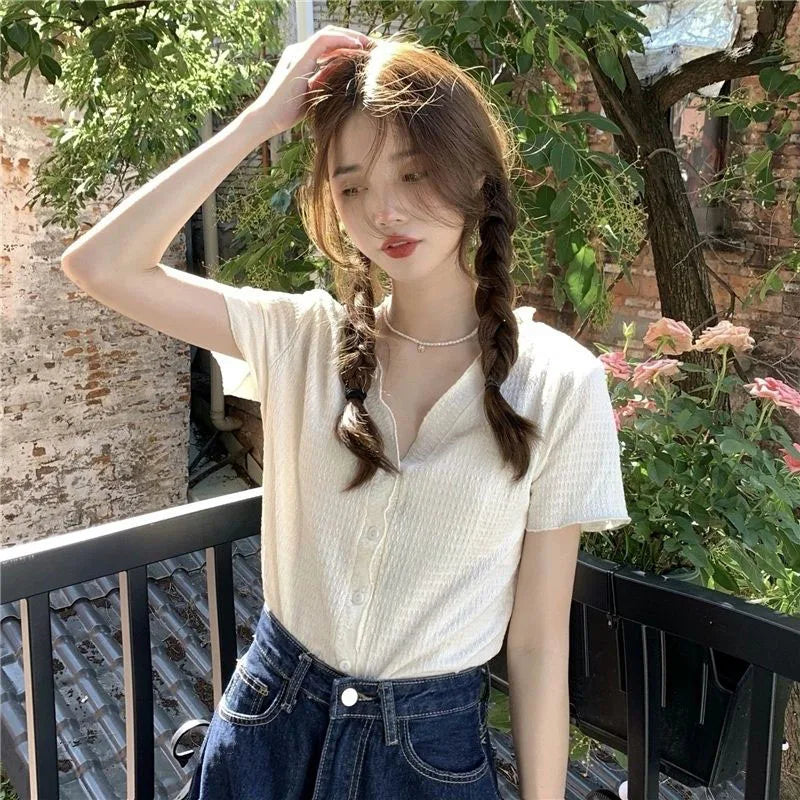 Sunniara Camicia Estiva con Bottoni e Scollo a V