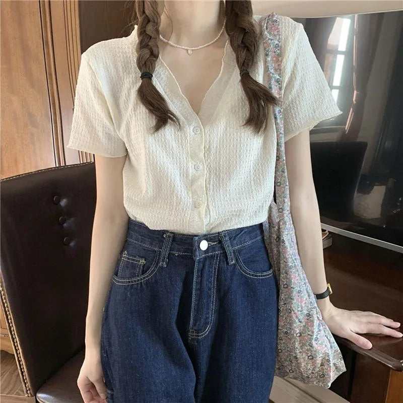 Sunniara Camicia Estiva con Bottoni e Scollo a V