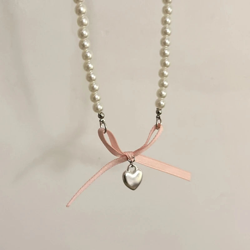 Luna Bowknot Pearl Choker with Heart Pendant