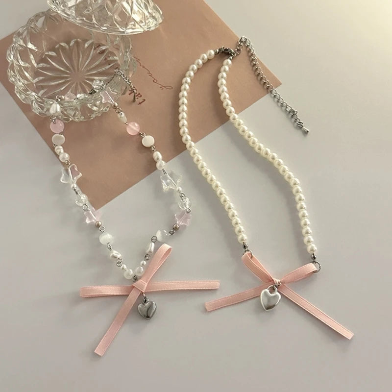 Luna Bowknot Pearl Choker with Heart Pendant